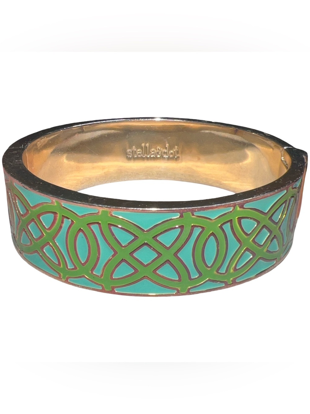 Stella & Dot Green  Enameled Celtic Knot  Hinge Clamper Bangle Bracelet